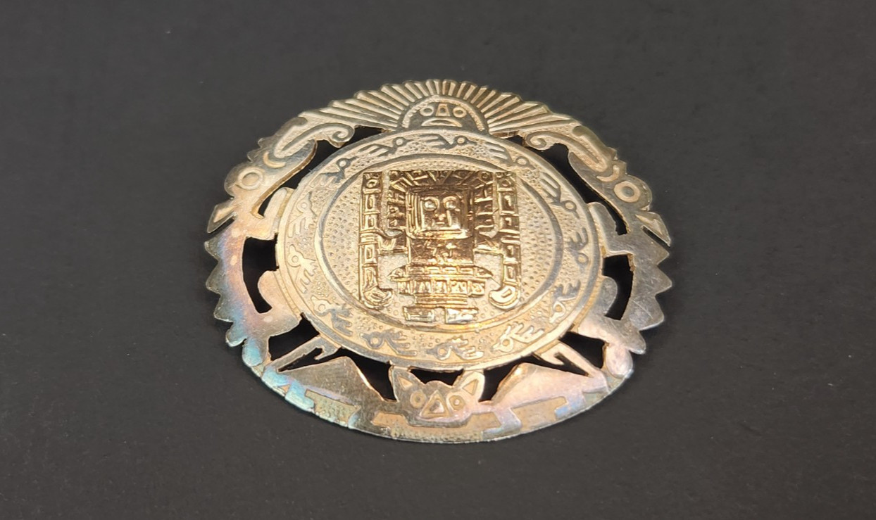 Vintage Peru STERLING SILVER & 18K GOLD Aztec Mayan Brooch