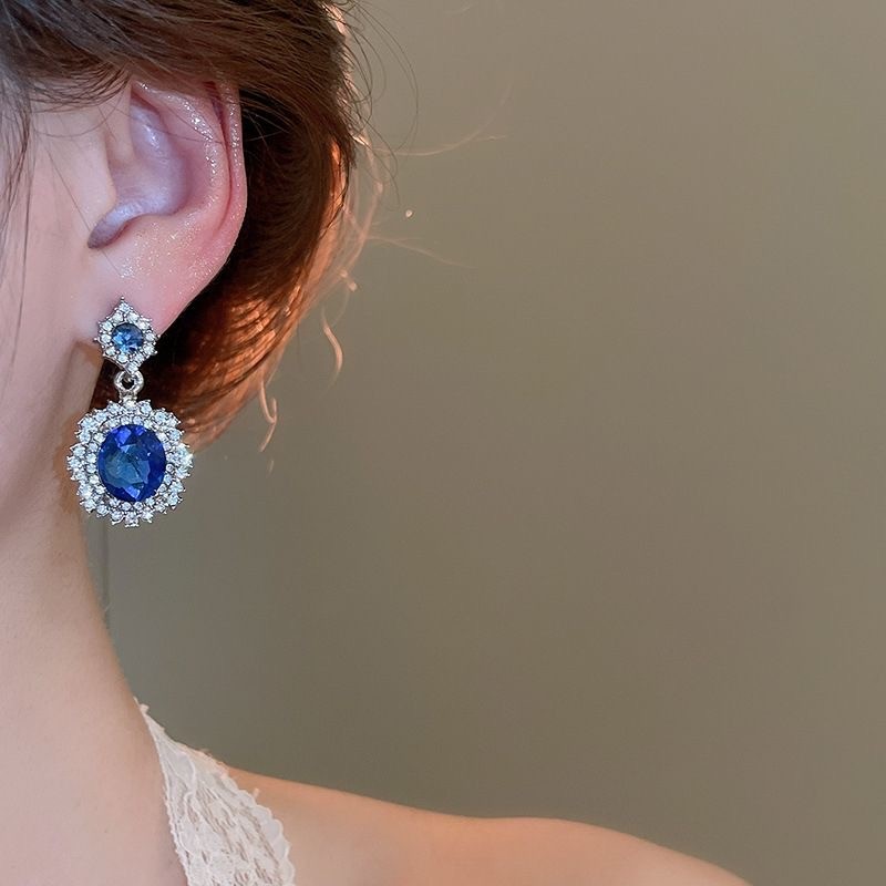 Silver Alloy 3Pcs Jewelry Set Blue Zirconia Halo Necklace Drop Earrings Ring