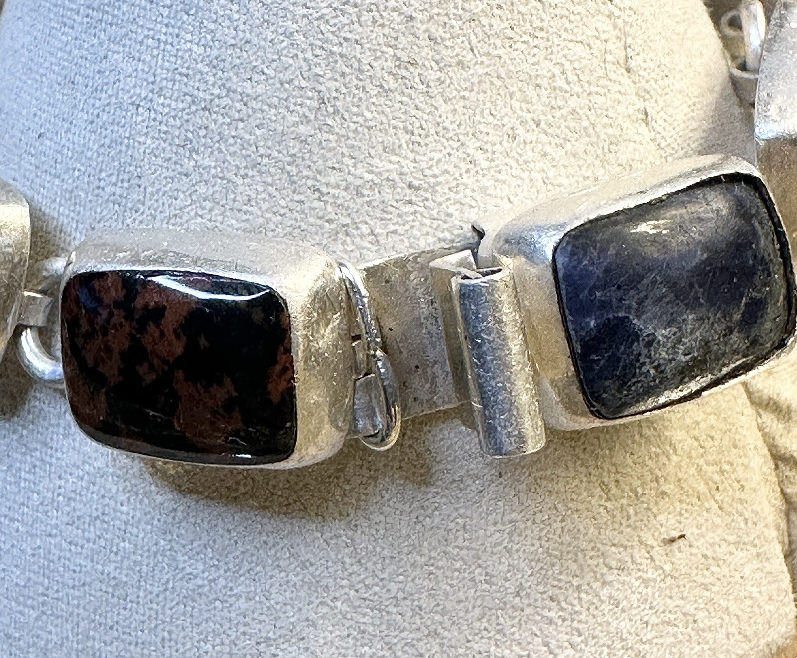 Vintage Mexico Rose Quartz Onyx Malachite Lapis + 925 Silver Bracelet 7 In