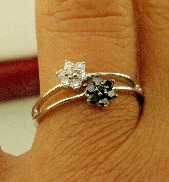 14k Solid White Gold Black & White Diamond Wrap Dainty Flowers Ring