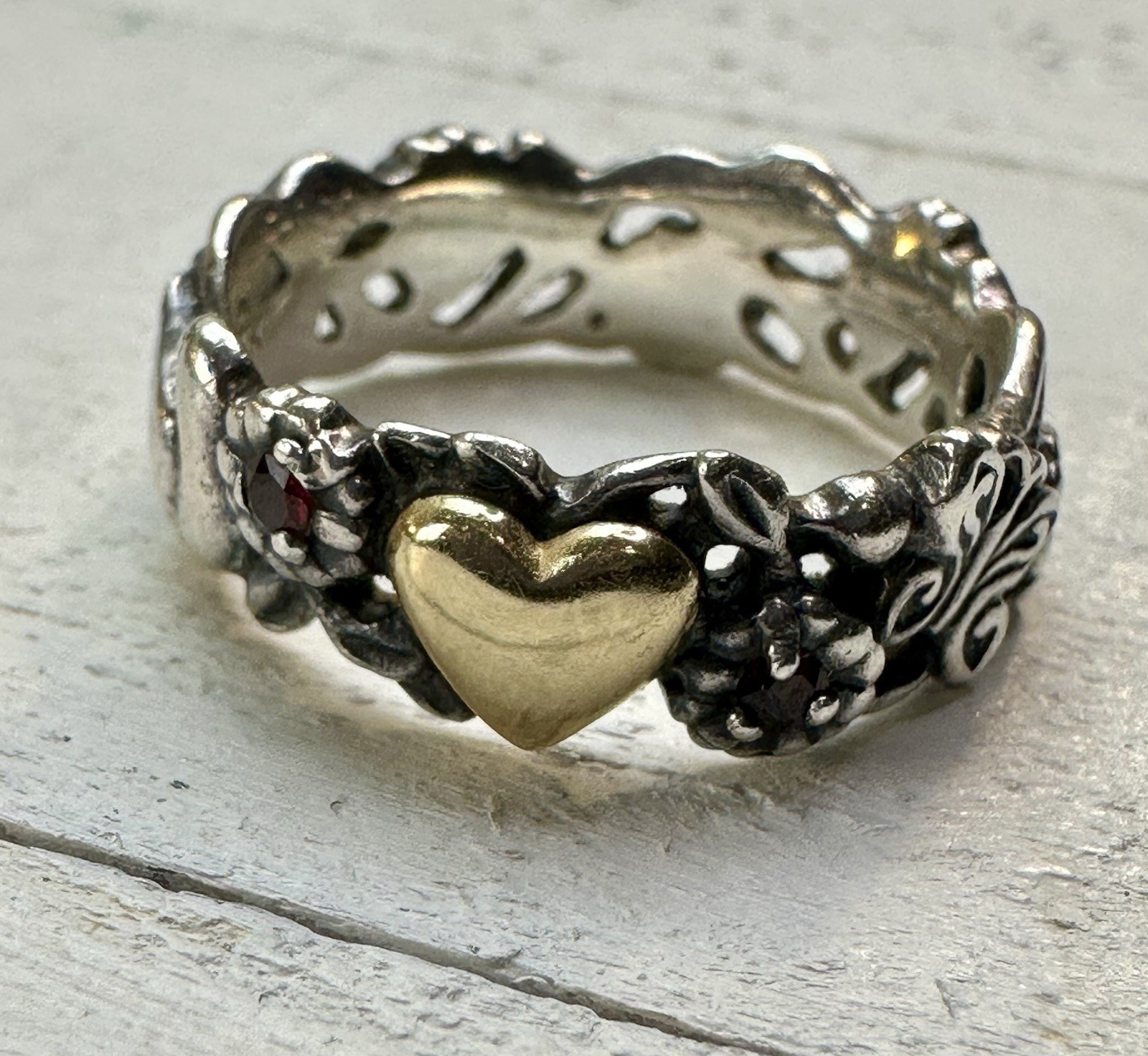 ArtCarved AC 925 14K Heart Garnet Sterling Silver Bird Butterfly Ring Sz 7.75
