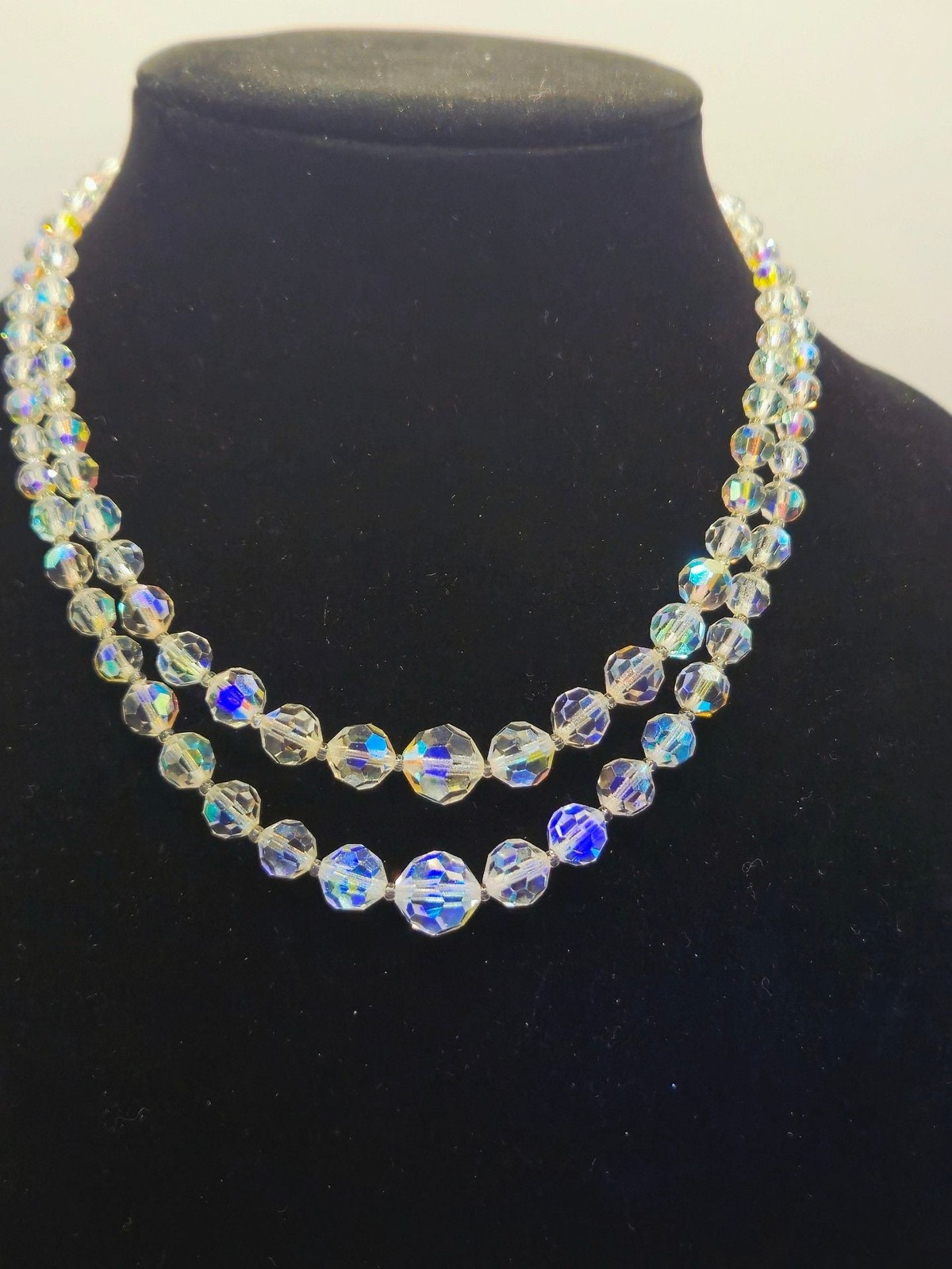 Vtg Double Strand AB Faceted Crystal Bead Necklace with Box Closure