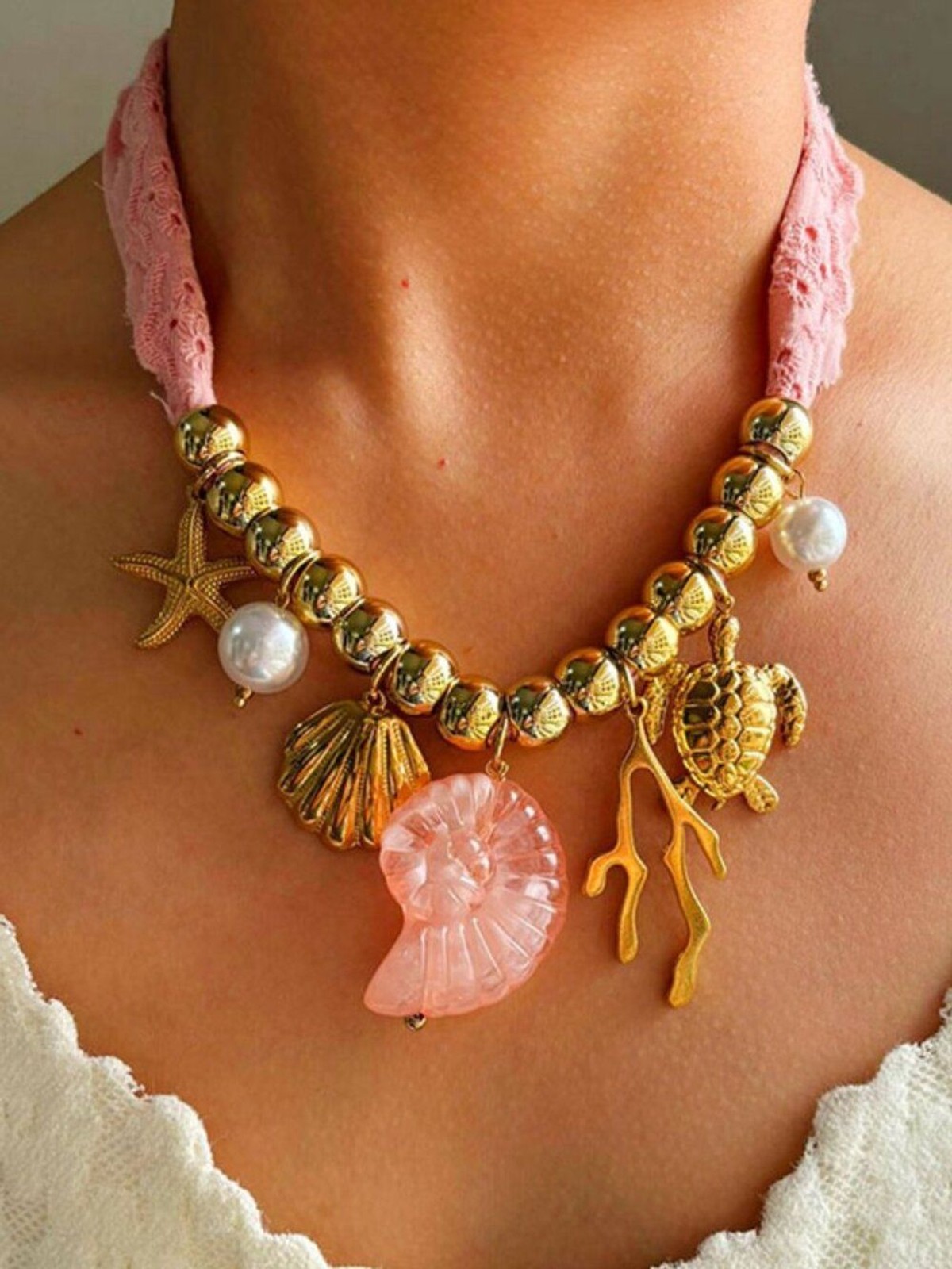 Coastal Charm Gold Plated Seashell Starfish Turtle Necklace Pink Pearl Statement