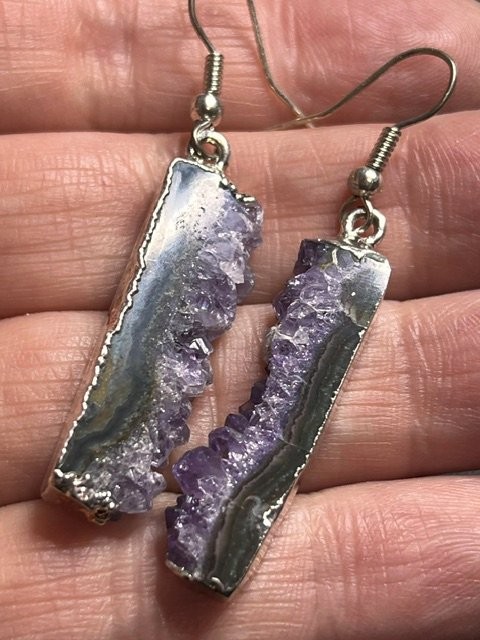 B6291 2pr Amethyst Geode & Hot Pink Agate Druzy Dangle Earrings Crystal Silvertn