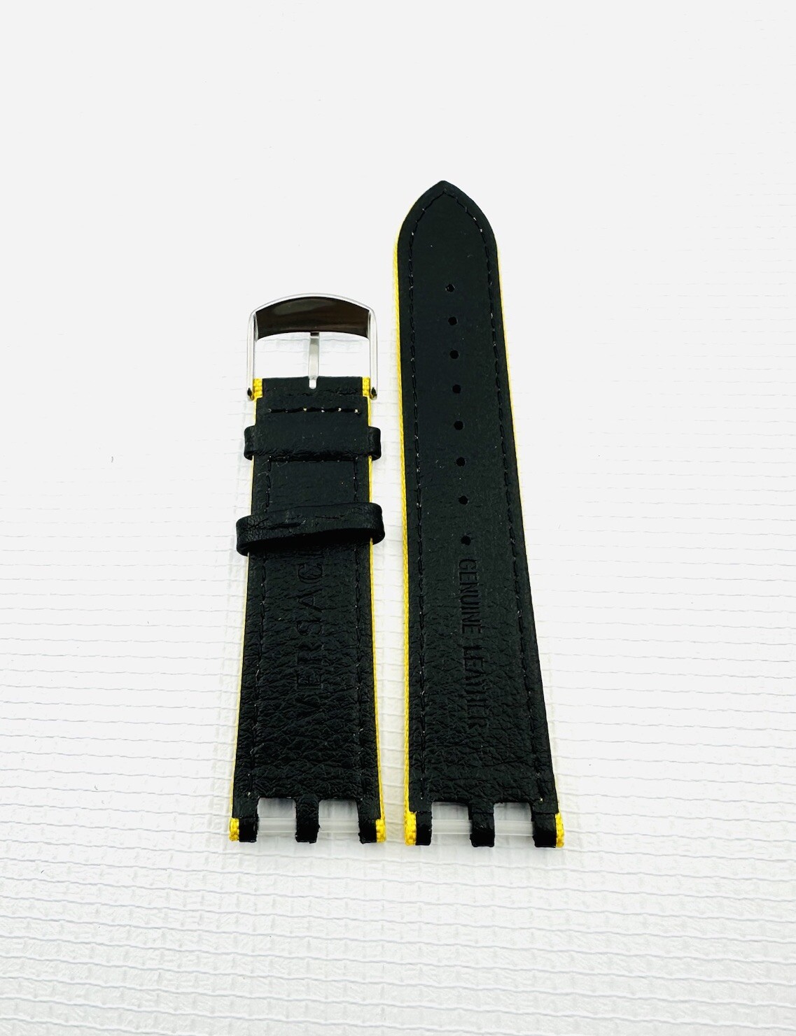 VERSACE WATCH STRAP , VAH , BLACK + YELLOW STITCHING YELLOW , TONGUE BUCKLE