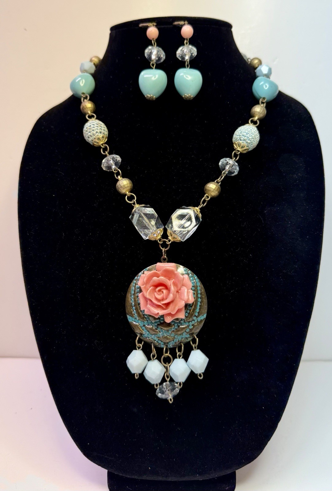 Combined Shipping Peach and Turquoise Colored Beaded Necklace and Earrings #359