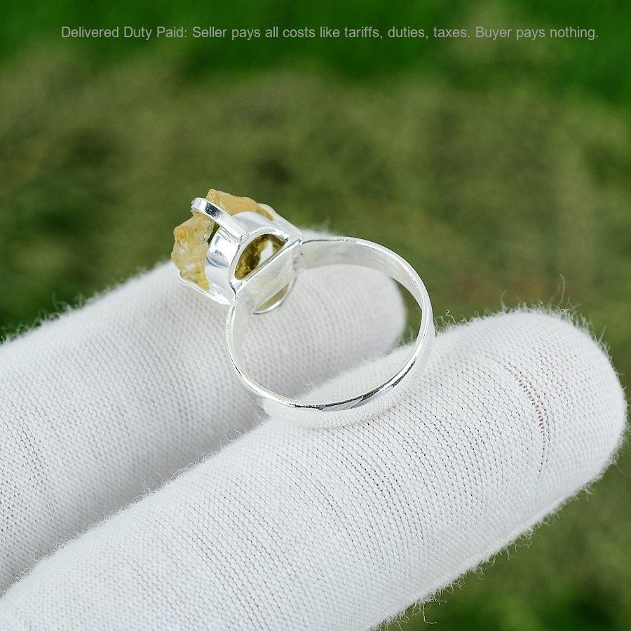 Pentagon Citrine Rough Stone Solitaire Wedding Ring Size 7.5 925 Sterling Silver
