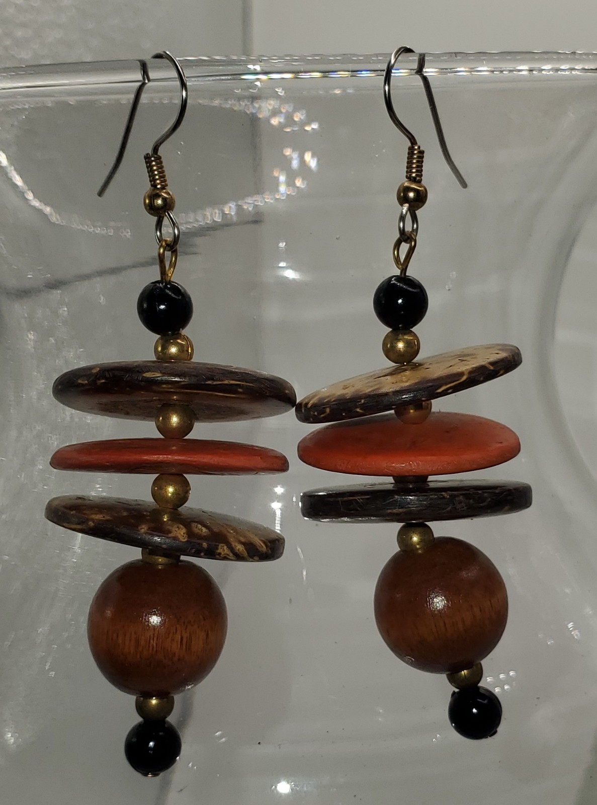 Vintag Boho Chunky Wood Bead Statement Necklace & Earrings Set Orange Brown Disc