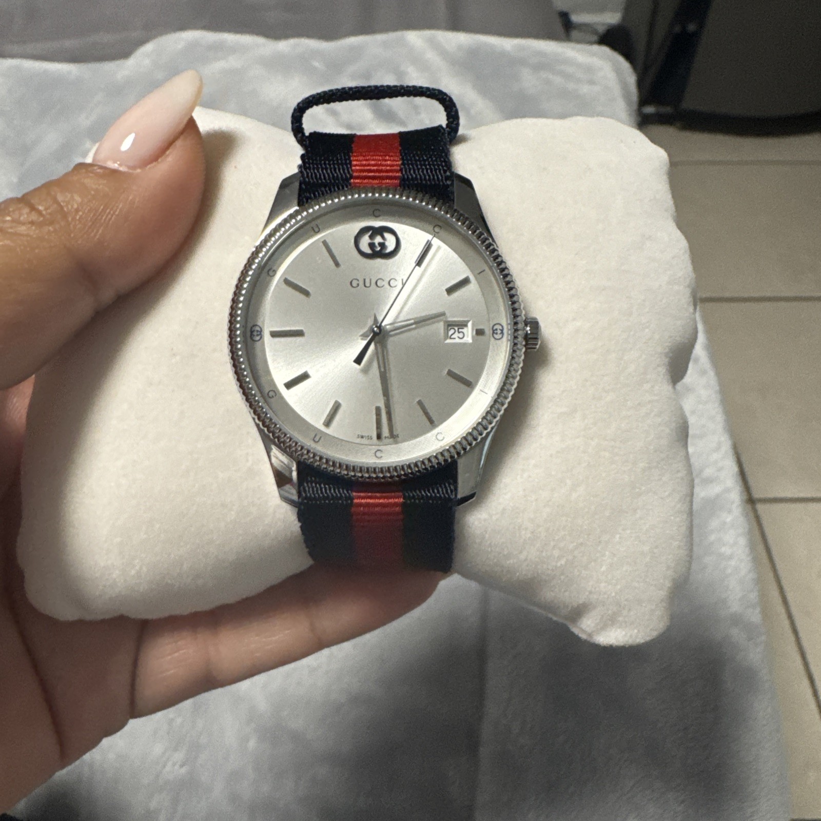 Gucci G-Timeless Silver Dial Blue and Red Nylon Strap Watch 38mm YA1264237