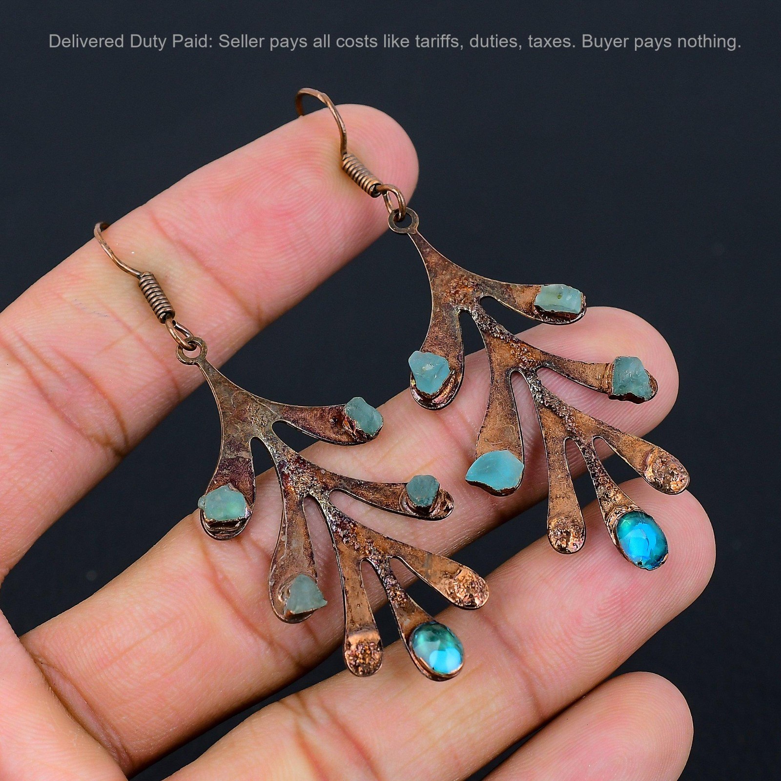 Copper Natural Neon Apatite Dangle Drop Trendy Electroformed Artisan Earrings