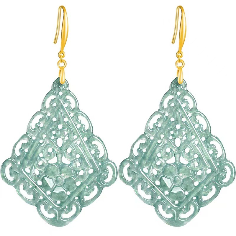 Pure S925 Sterling Silver Blue Jade Jadeite Auspicious Square Dangle Earrings