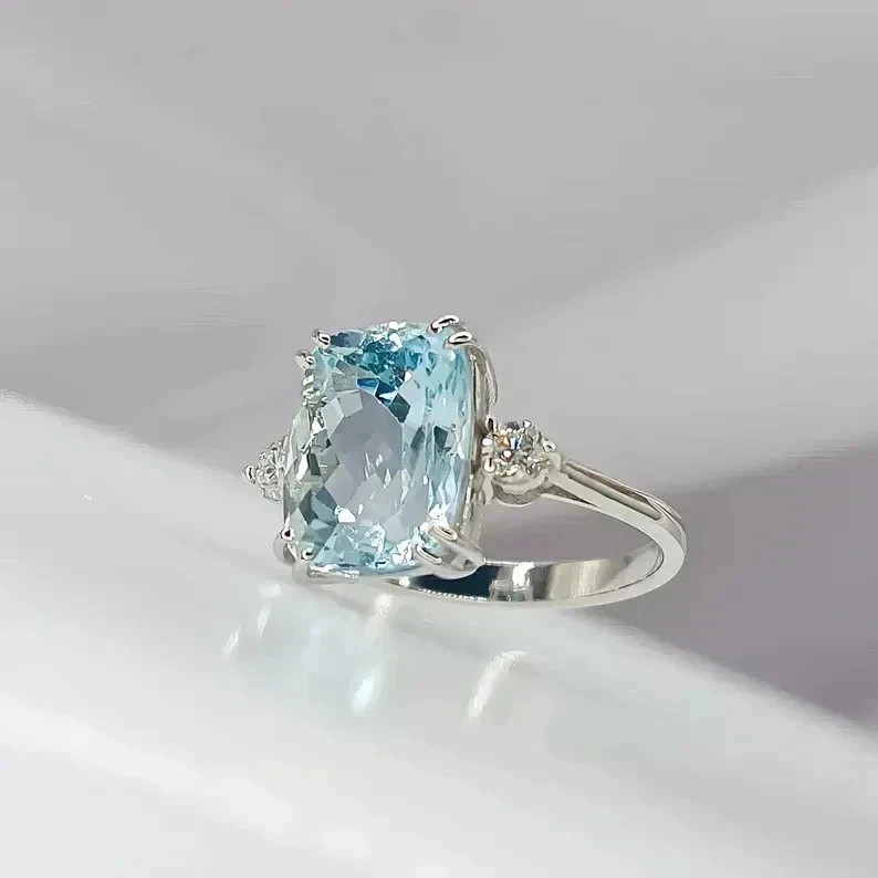 Cushion Cut 6.50 Ct Natural Aquamarine & Diamond Solid 14K White Gold Ring