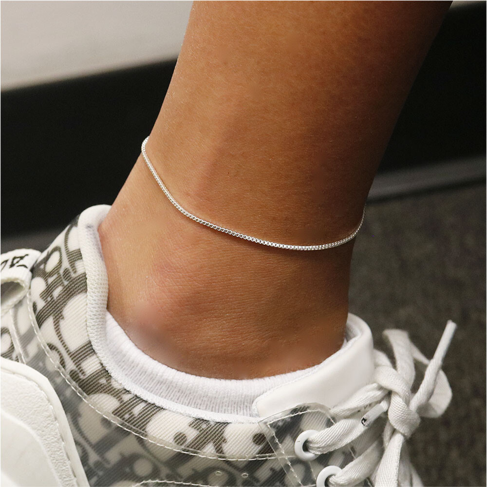 1MM Solid 925 Sterling Silver Italian Diamond Cut Box Chain Anklet 9″ or 10″