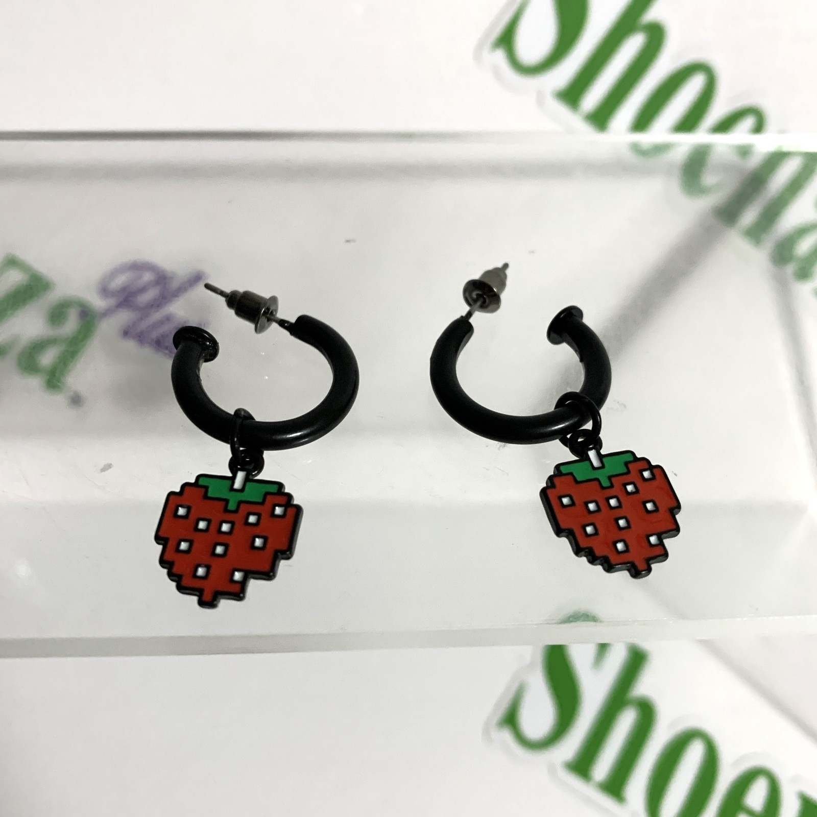 Bioworld Earrings Pac-Man Huggie Dangle 8-Bit Pixel Strawberries Jewelry Namco