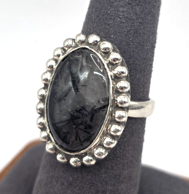 Black Rutile Tourmalinated Quartz Gemstone Ring Size 7.5 Sterling Silver 925