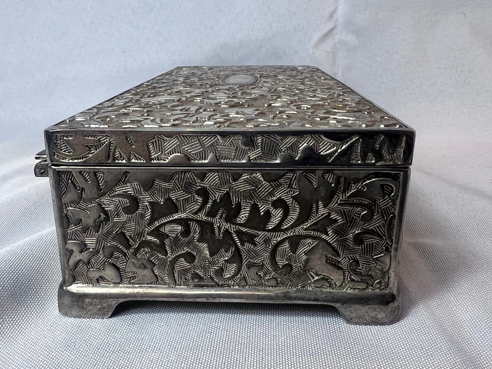 Vtg Silver Tone Jewelry Box Mirrored Dresser Vanity Table Top Lined Case