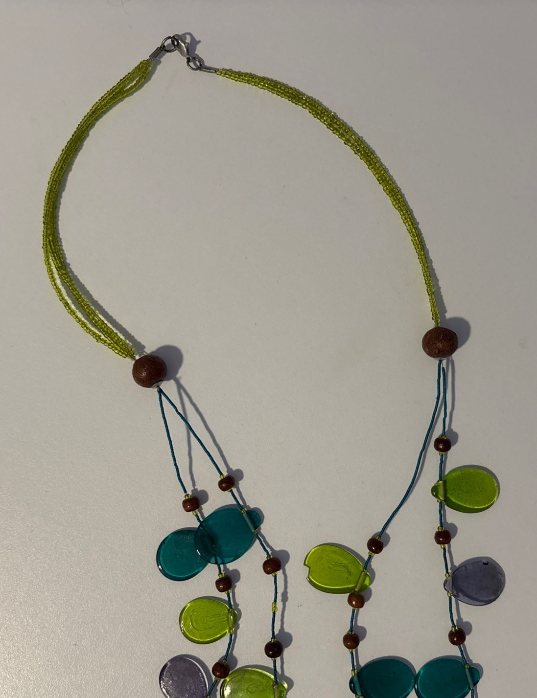 Vintage Glass Beaded Multi Strand Green Blue Purple & Brown Wood Necklace 28″