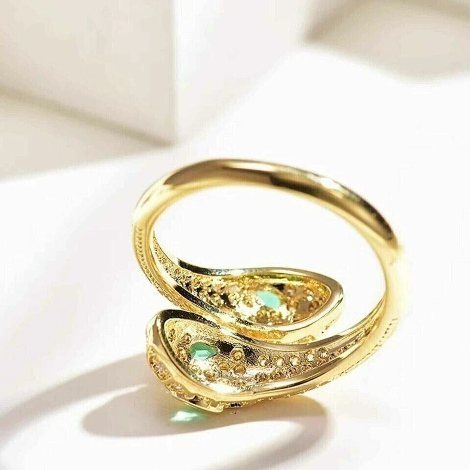 2ct Pear Cut Simulated Emerald Stunning Snake Bypass Ring 14k Yellow Gold Plated