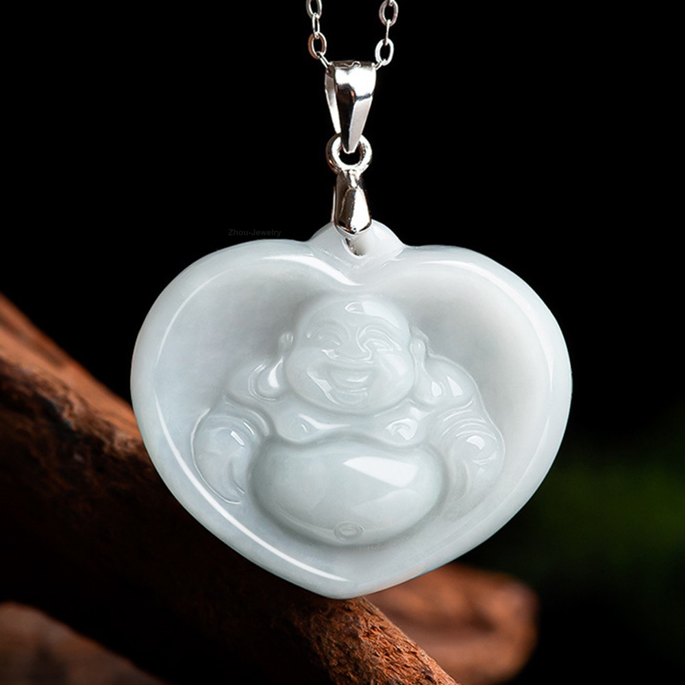 Natural Jadeite Grade A Jade Heart-Shaped Buddha Pendant with 925 Silver Clasp