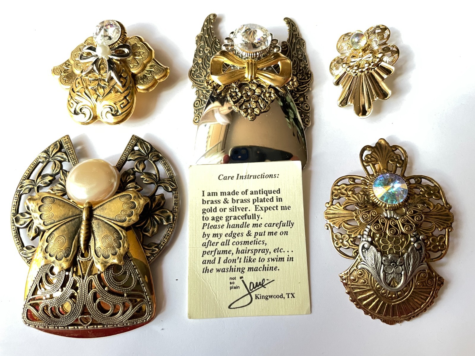 Lot of 5 Vintage Jane Davis Angel Brooches Filigree Gold Silver Bronze Tone
