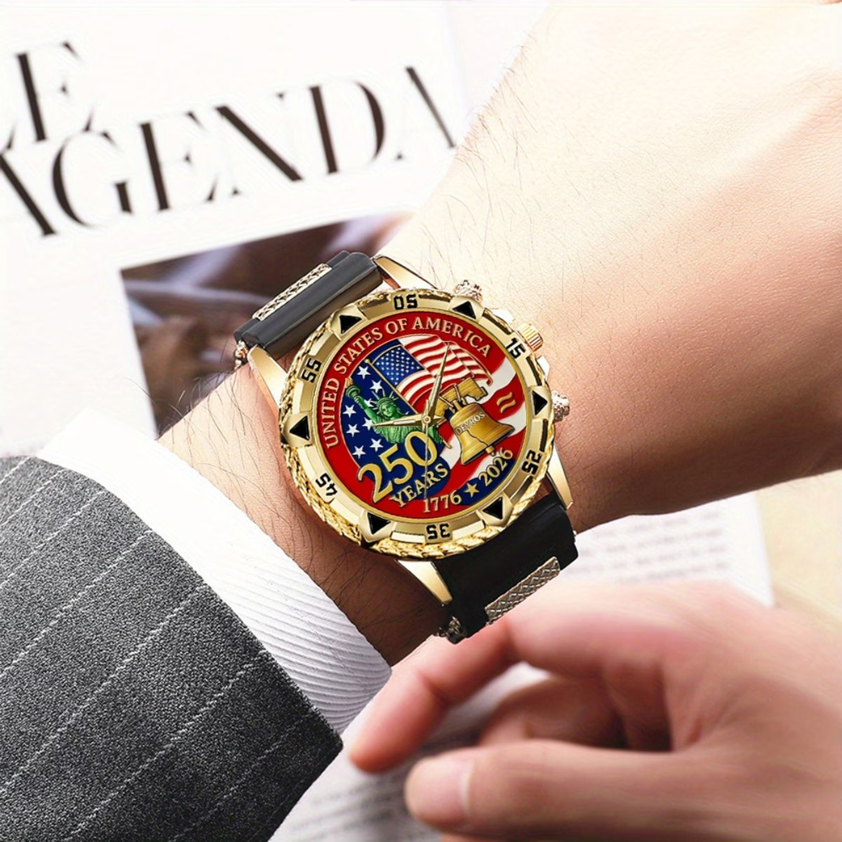 Men Patriotic Watch USA 250th Anniversary  American Flag & Statue of Liberty