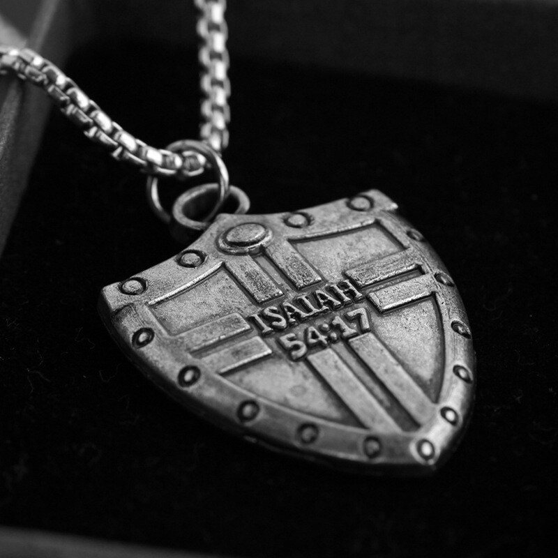 Mens Silver Bible Verse Isaiah Cross Shield Pendant Christian Necklace Chain 24″