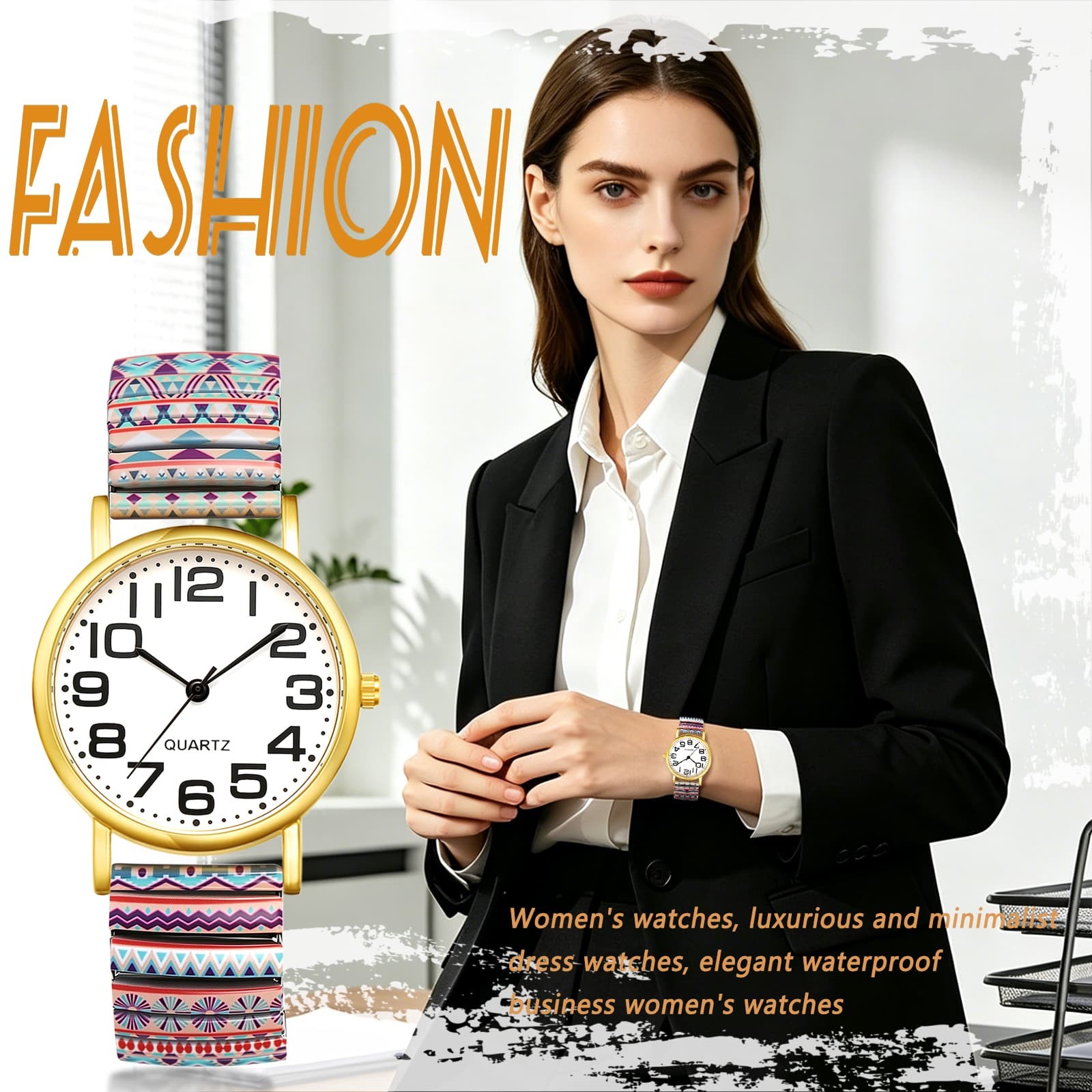 Summer Boho Stailess Steel Strap Floral Print Elastic Wrist Watch Easy Reader