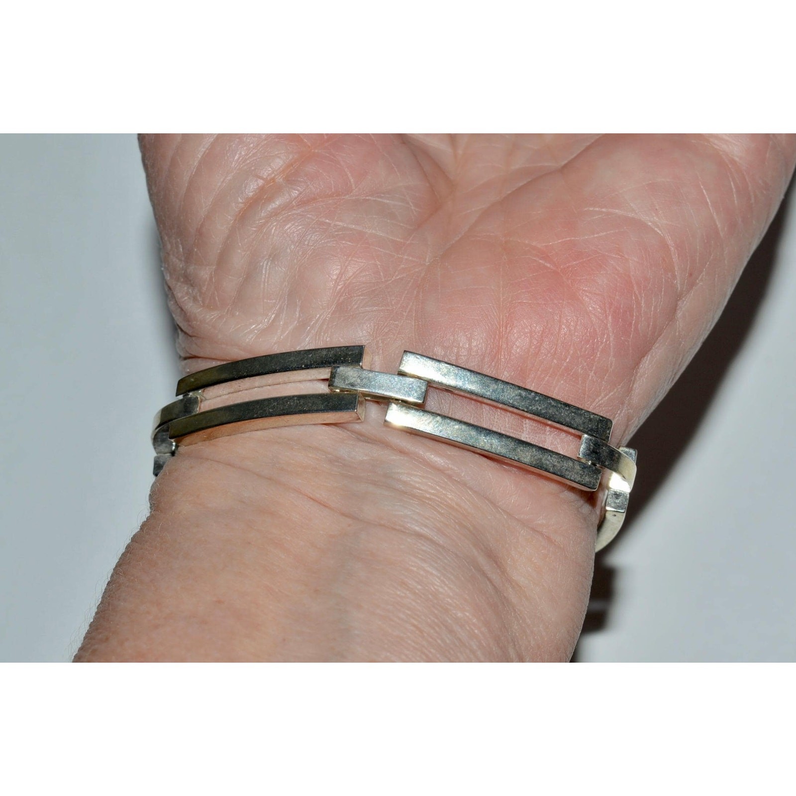 Sterling Silver Link Bracelet, Modernist 5 Link Bracelet Hidden Fold Over Clasp