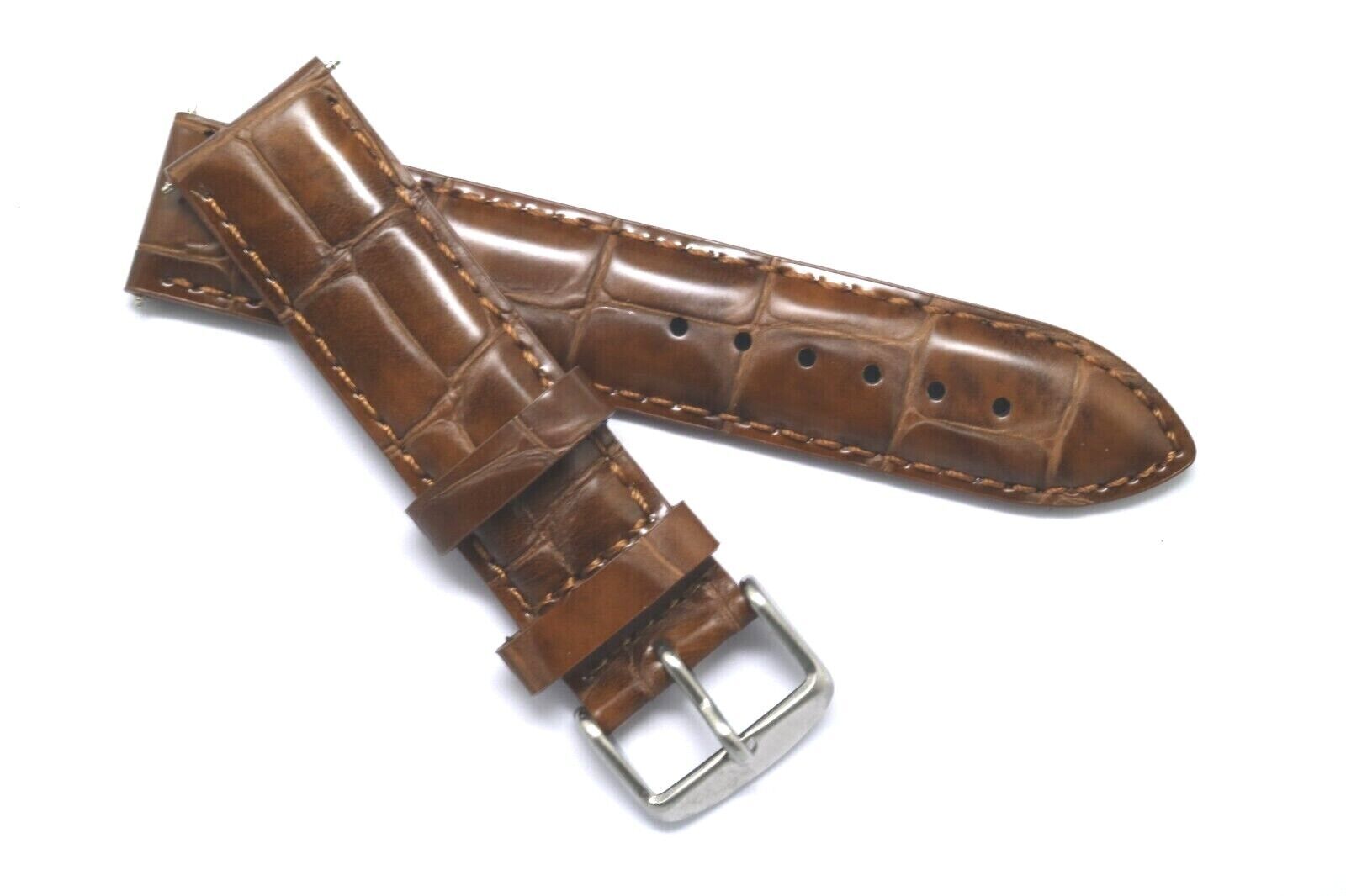 20mm 22mm Brown Croco Embossed Leather Padded Men Watch Band Silver Tone Buckle