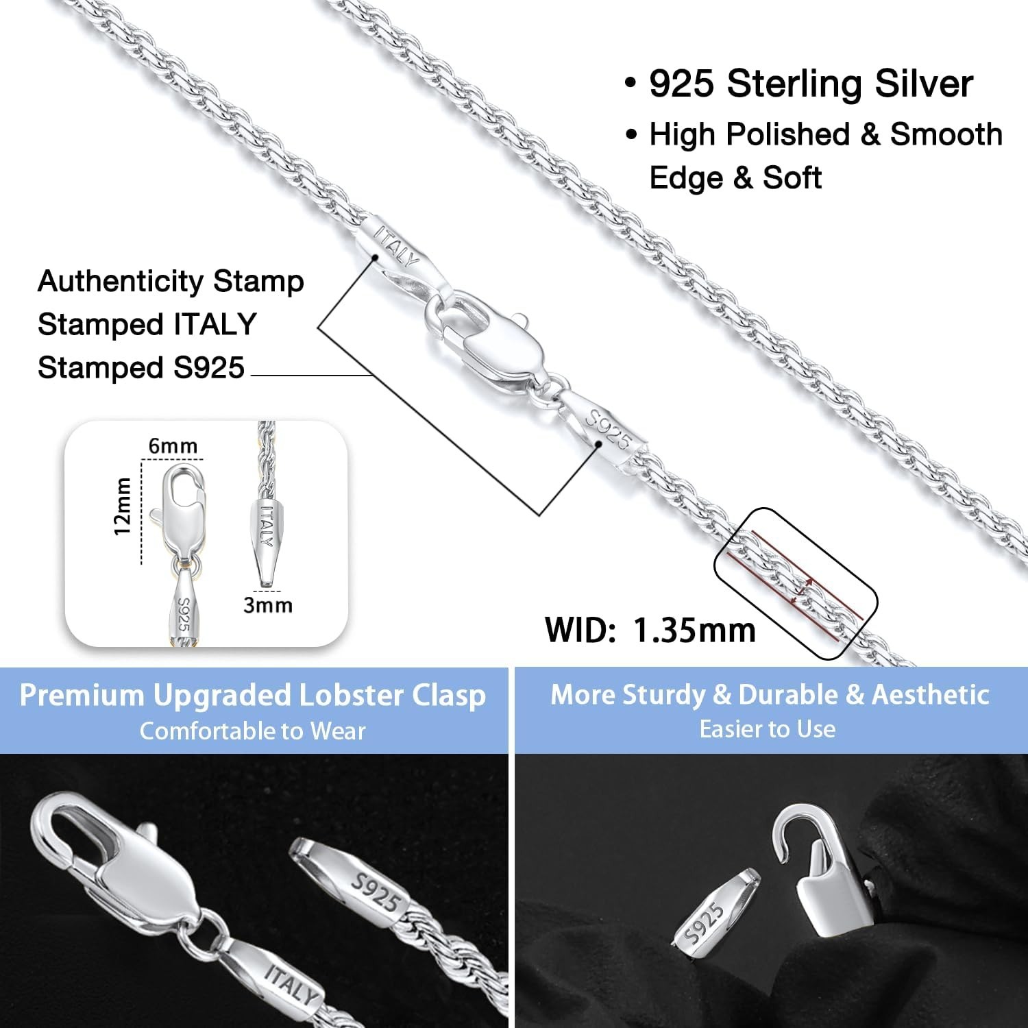 Unisex 18K Gold Plated 925 Silver Rope Chain Necklace – Super Shiny & Durable