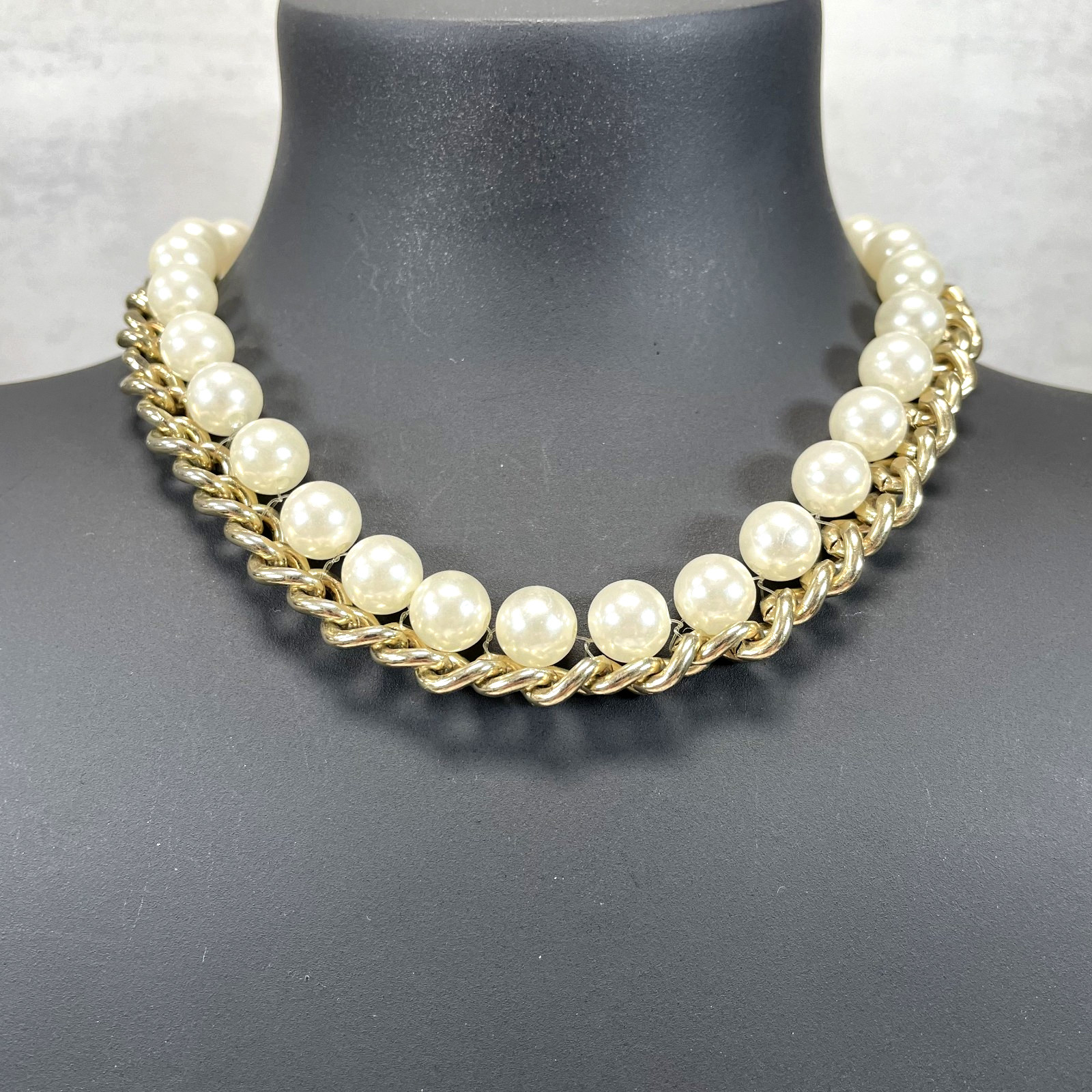 Gold Tone Faux Pearl Curb Chain Choker Necklace Chunky Statement Collar 14″