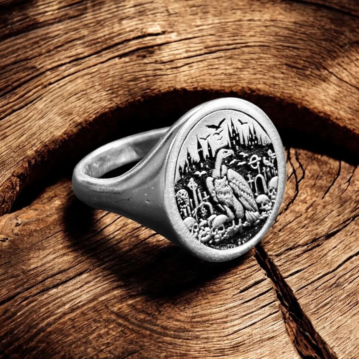 Vulture On Skull Signet Ring 925 Sterling Silver Gothic Symbol Handcrafted Ring