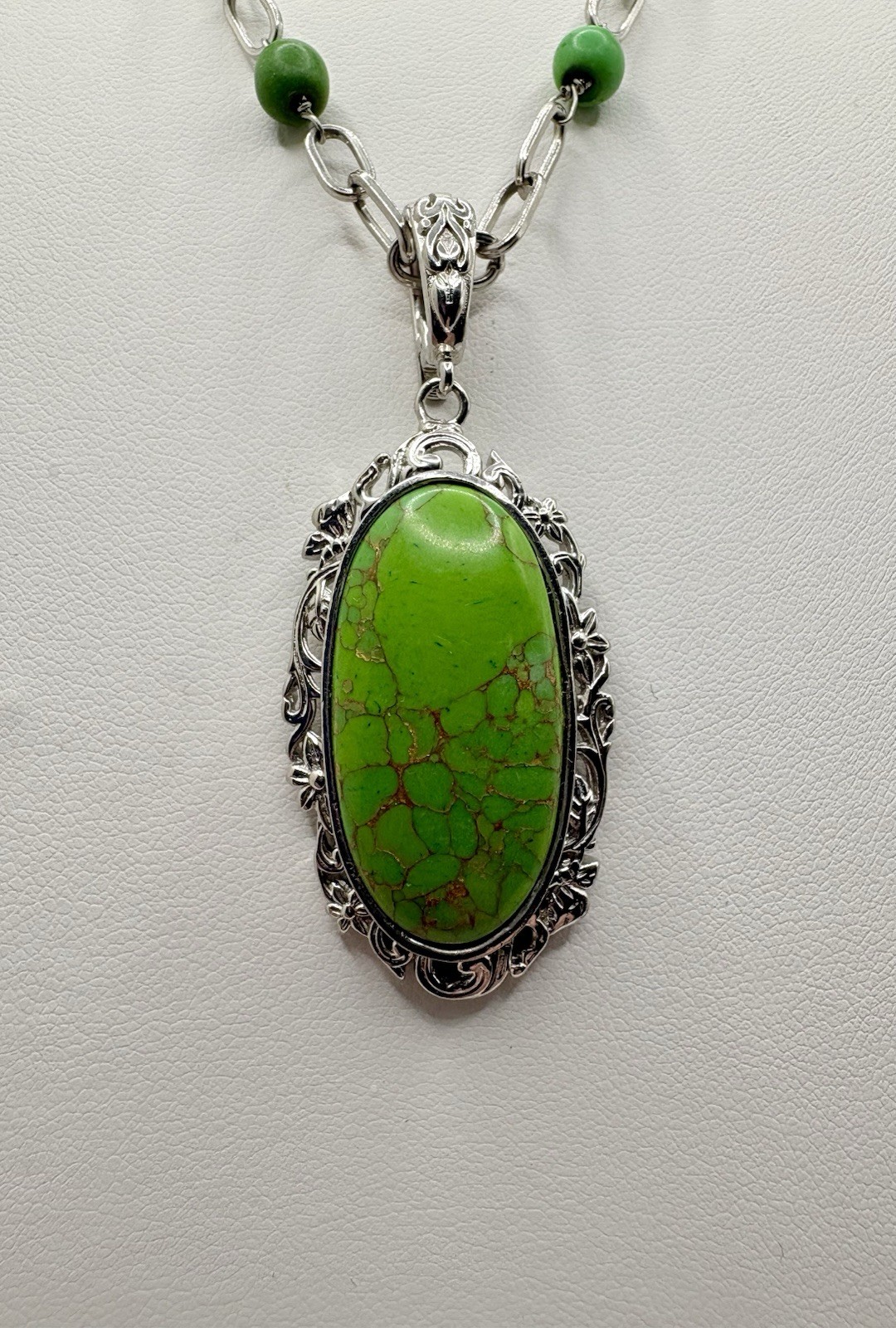 Mojave Green Turquoise Pendant Necklace Bead Station Paperclip Chain 18-20 in