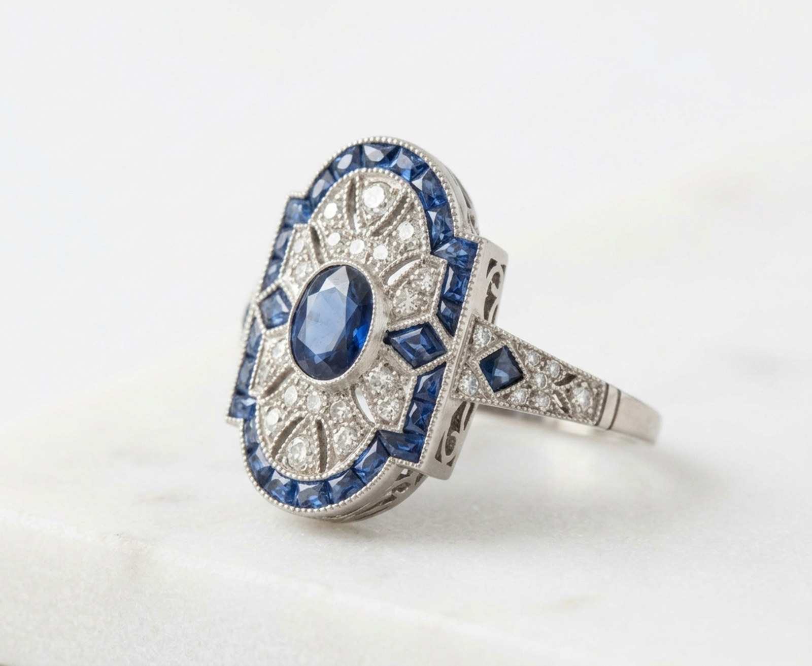 Blue Oval Cut Lab Created Diamond 14K Gold Vintage Edwardian Antique Fine Ring