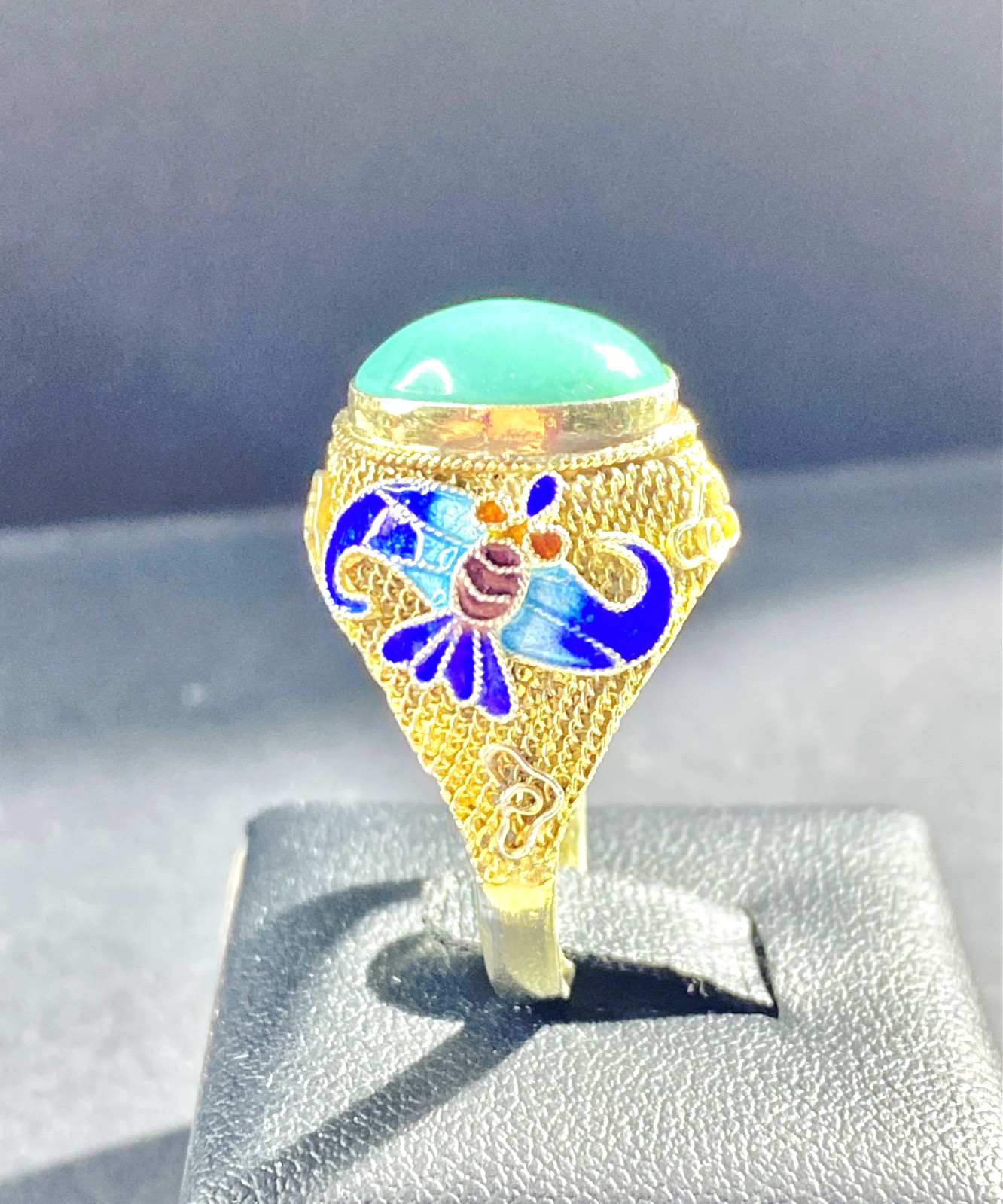 Vintage Chinese Export Silver Vermeil Turquoise & Enamel Adjustable Sized Ring