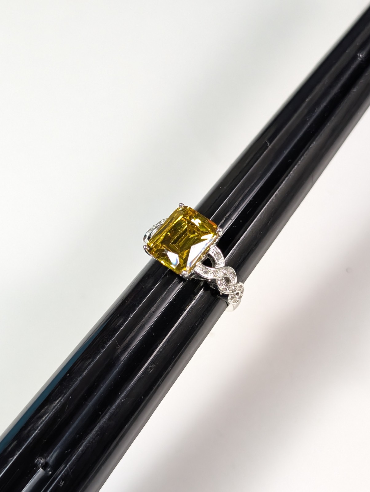Faux Citrine Colored Gemstone Ring Silver Tone Rhinestone Size 8 Emerald Cut