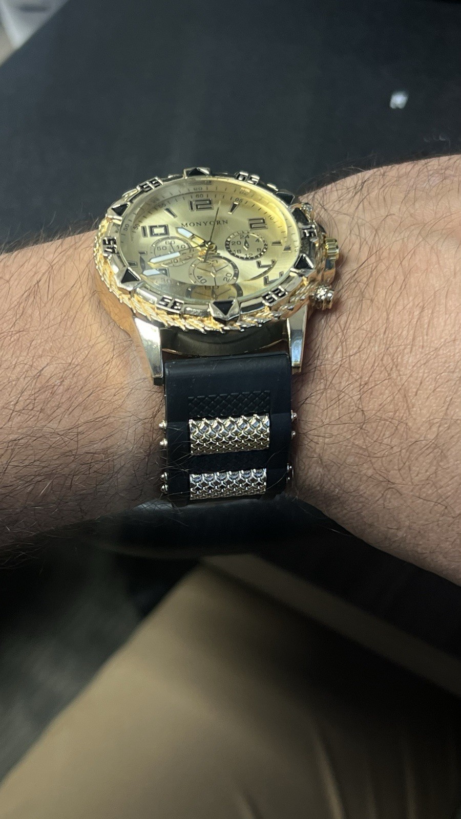 MONYORN Men’s Quartz Chronograph Analog Watch Gold Tone Case Black Rubber