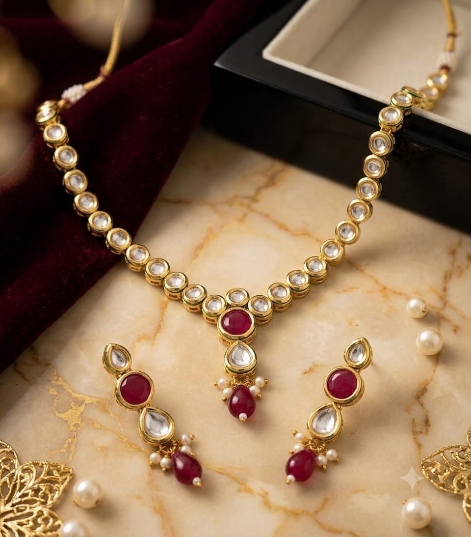 Kundan Necklace Set Gold Plated Red Stone Pearl Bridal Wedding Jewelry Earrings