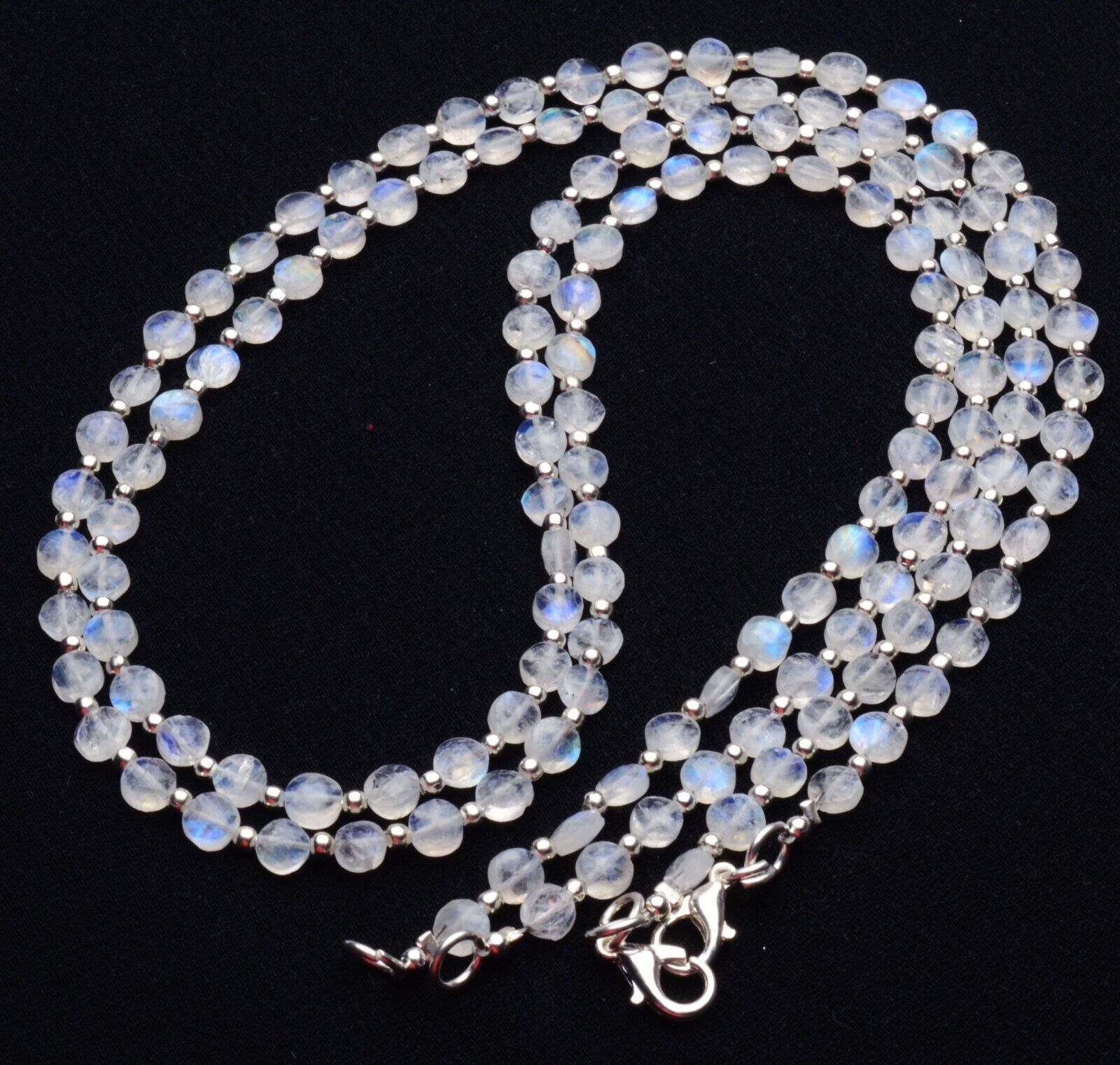 Rainbow Moonstone 20″ Necklace Blue Fire Beads 5 mm Faceted Round Coin
