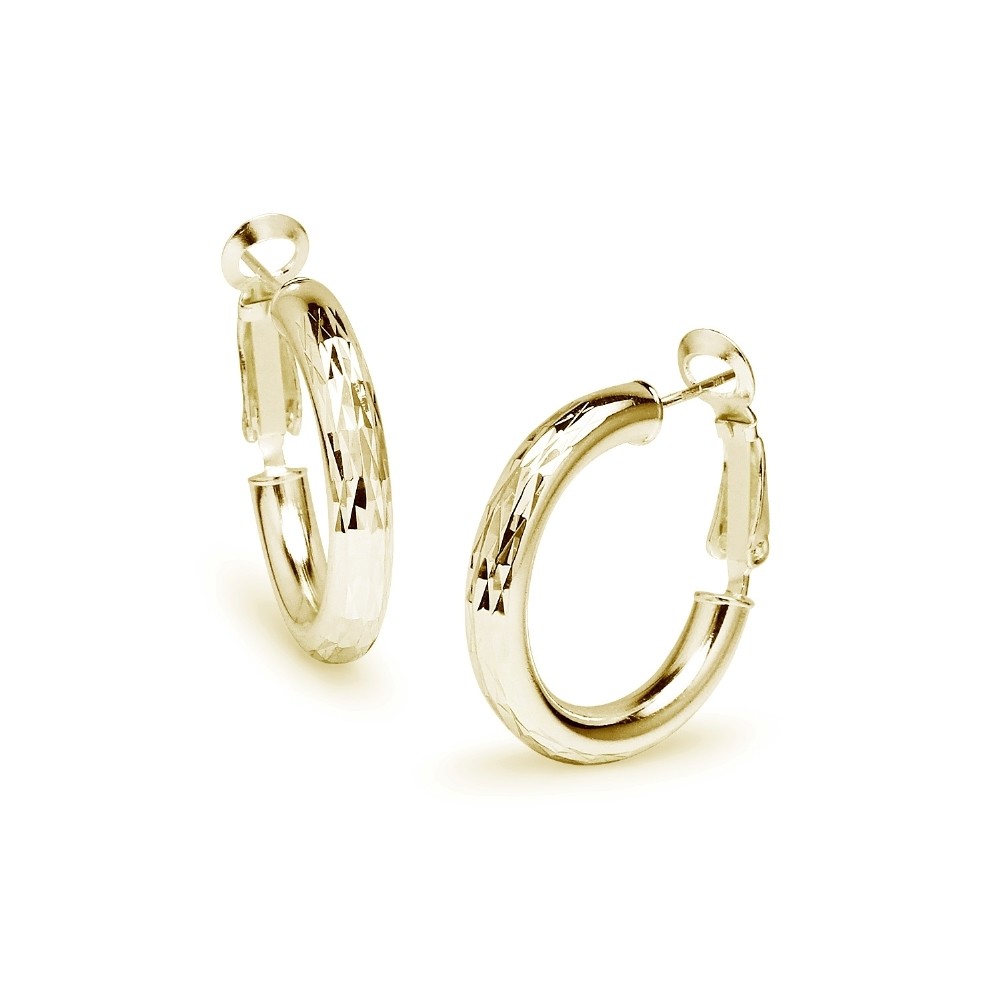 Diamond Cut Clutchless 4x25mm Hoop Earrings in Gold Plated Sterling Silver