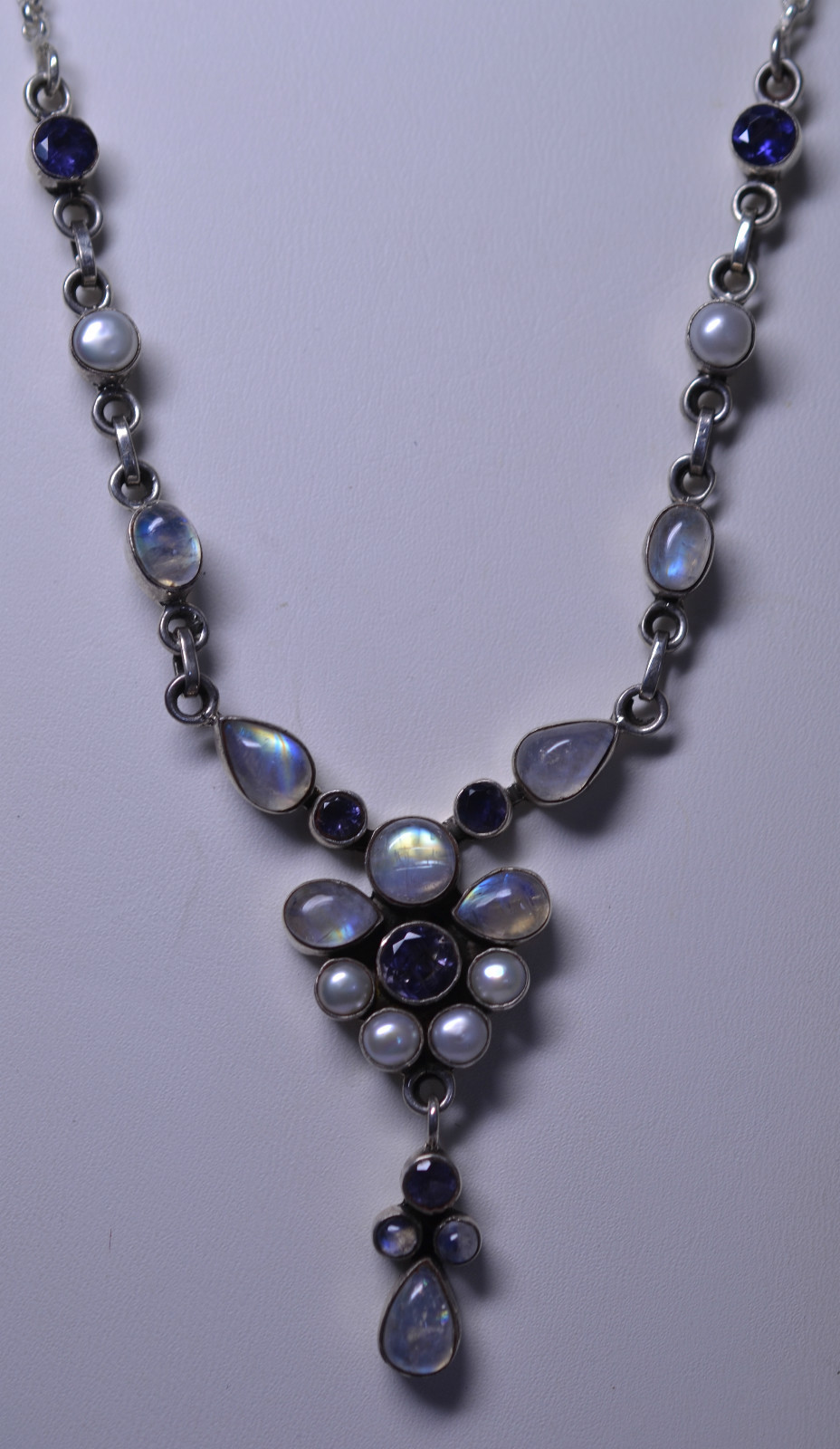 NEW STERLING SILVER MOONSTONE AMETHYST PEARL 17 – 19 IN. NECKLACE & EARRINGS SET
