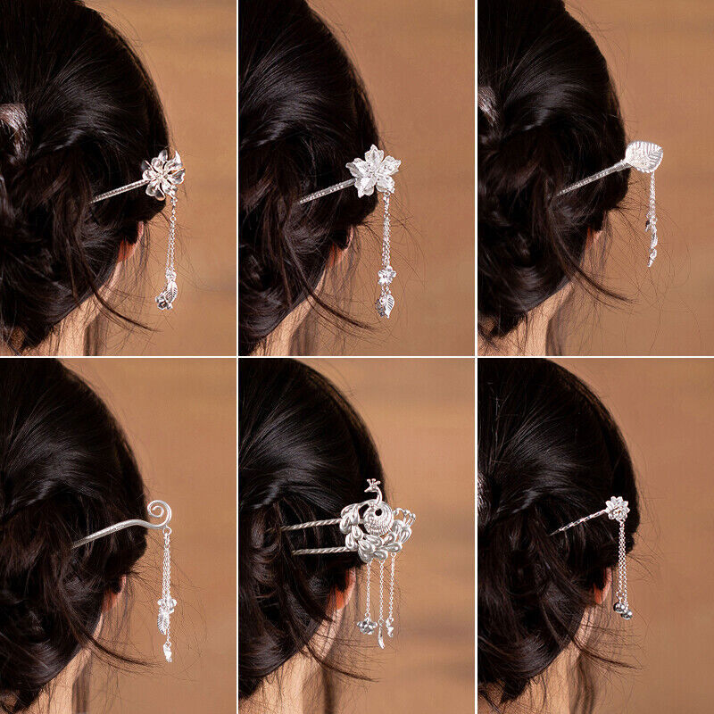 Pure 925 Solid Sterling Silver Chinese Style Hairpin Hanfu Hair Accessory