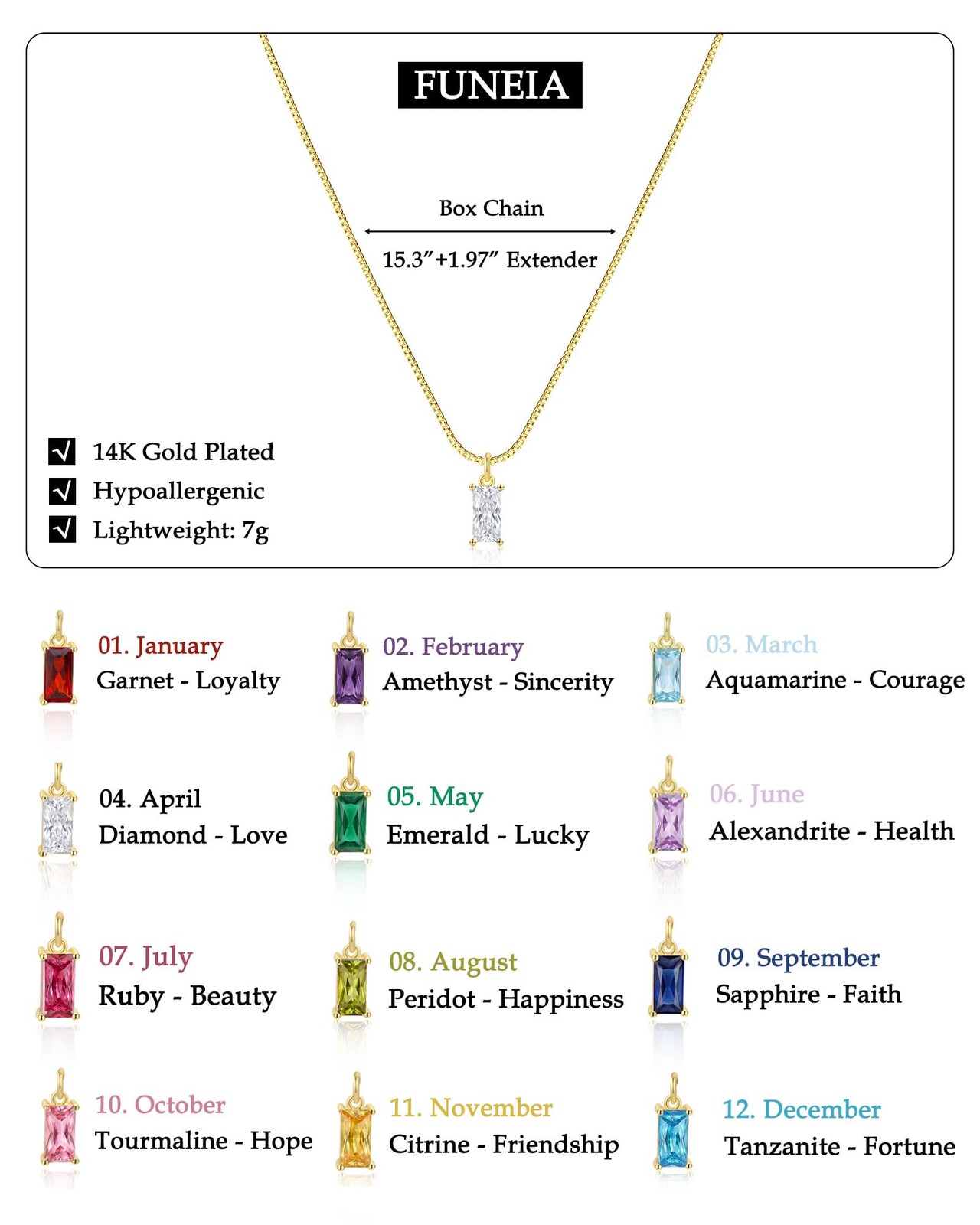 FUNEIA April Necklaces for Women Gold 40 cm (length), 04. April(Diamond)