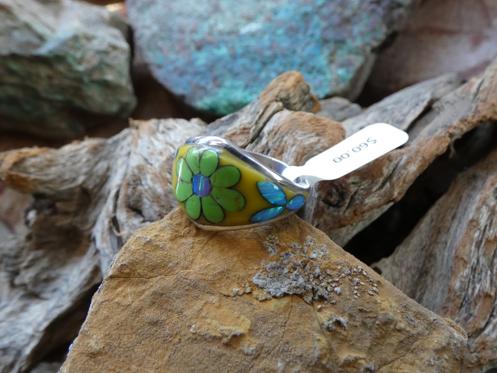 Gaspeite Flower Gemstone Opal Aluminum Sterling Silver Alloy Size 10 Ring AS73