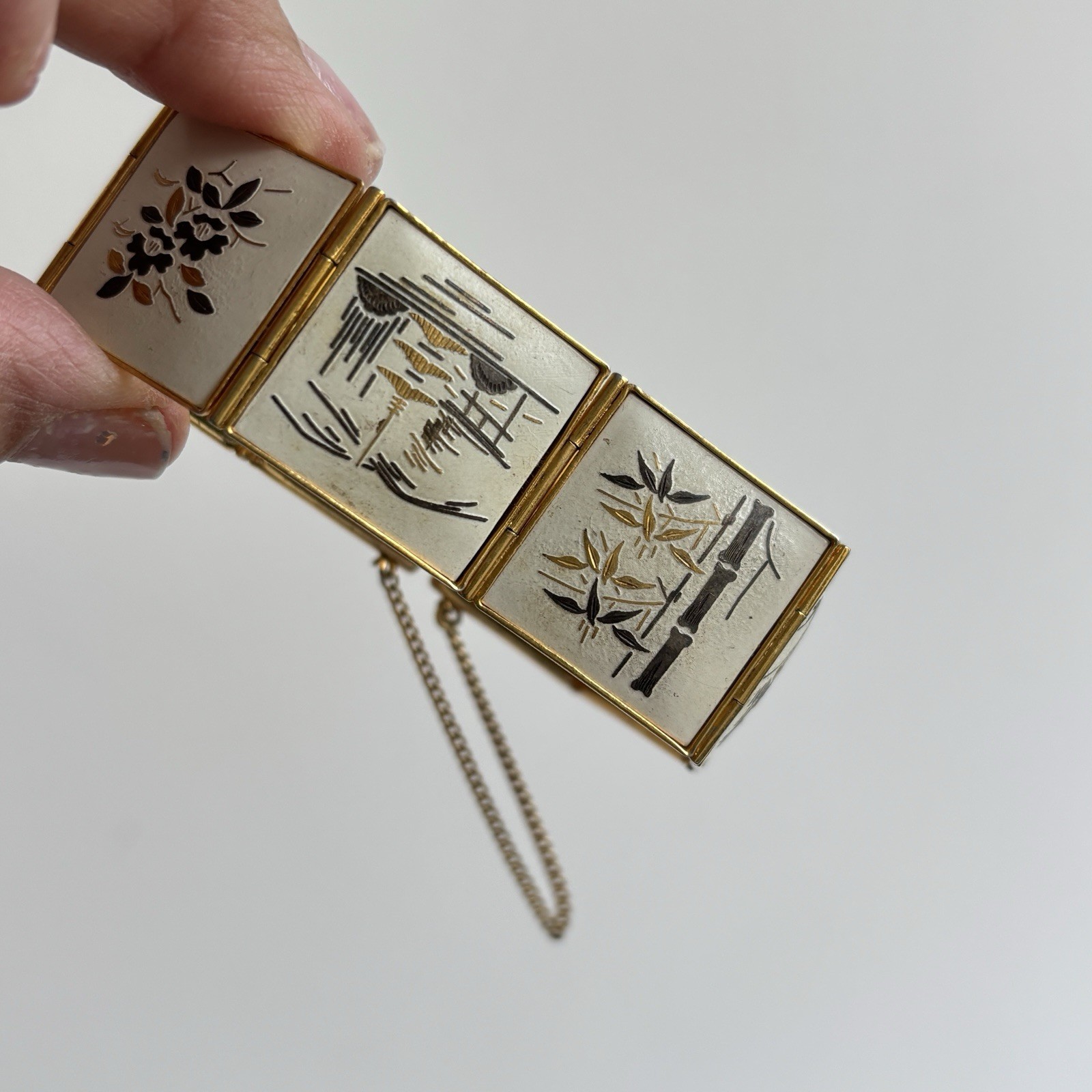 Vintage Amita Japan Damascene Panel Bracelet Gold Tone Scenic Floral Bird Motif