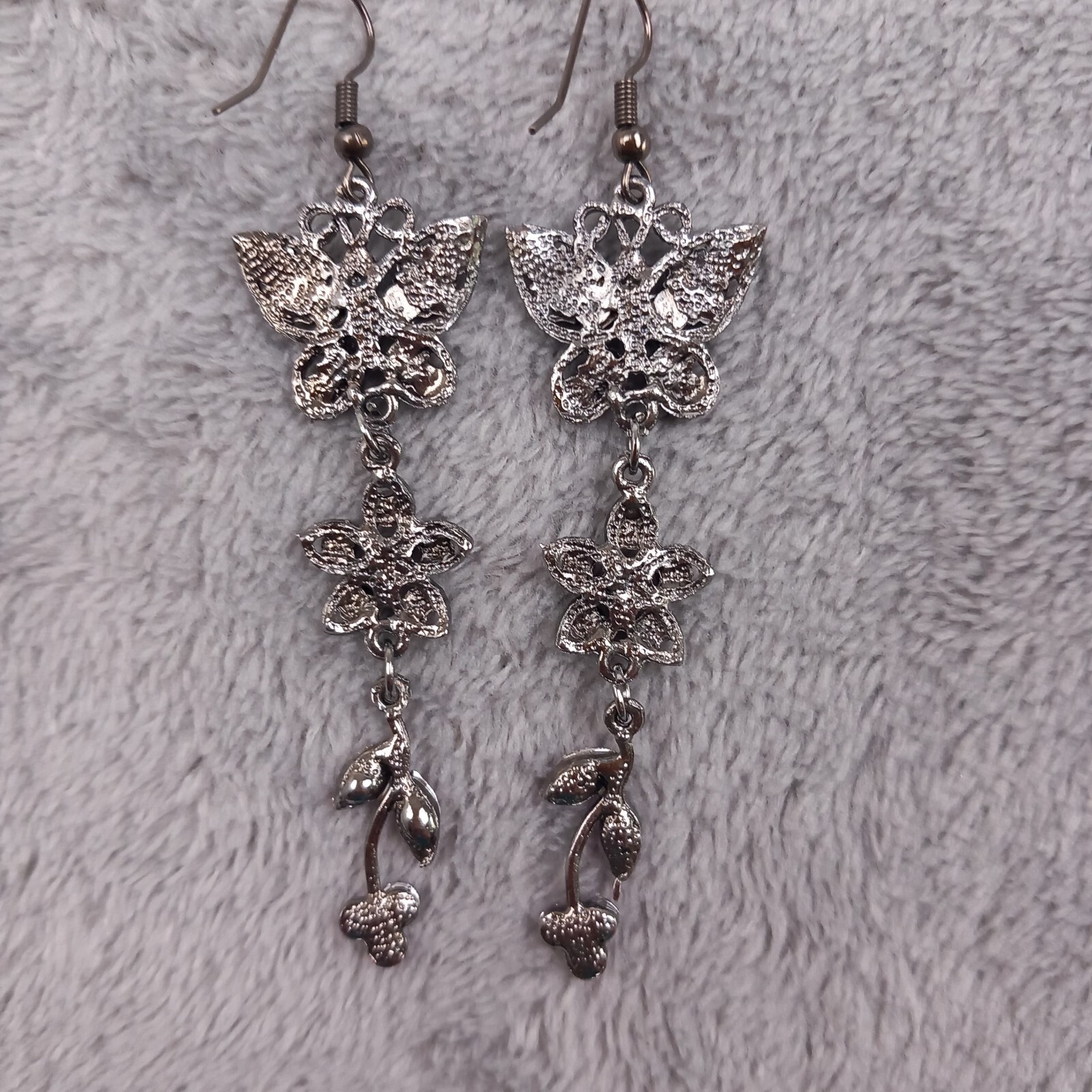 Unbranded Silver Purple Rhinestone Butterfly Floral Drop Earrings Y2K One Size