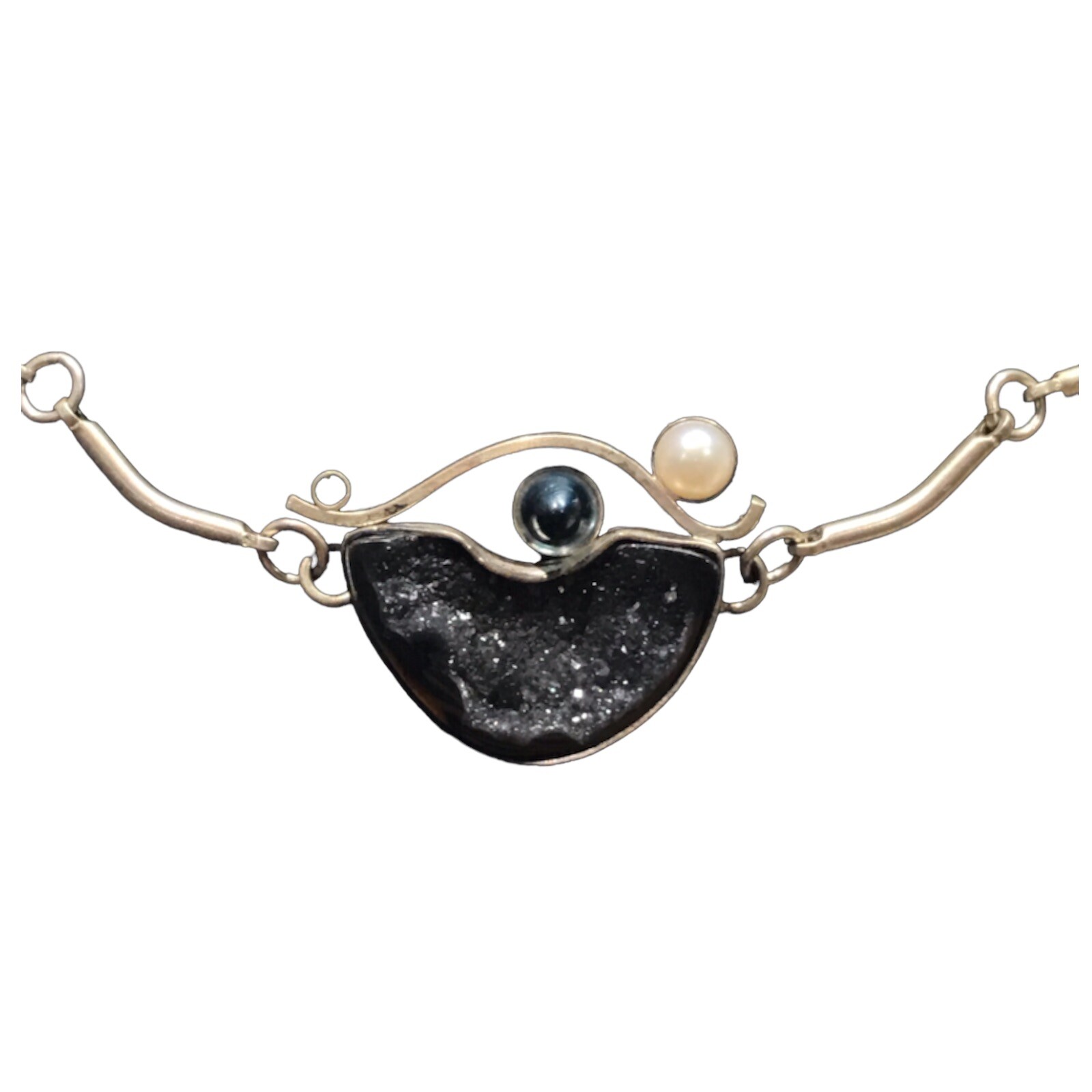 sterling silver brutalist modernist druzy blue eye necklace 17” Not Stamped
