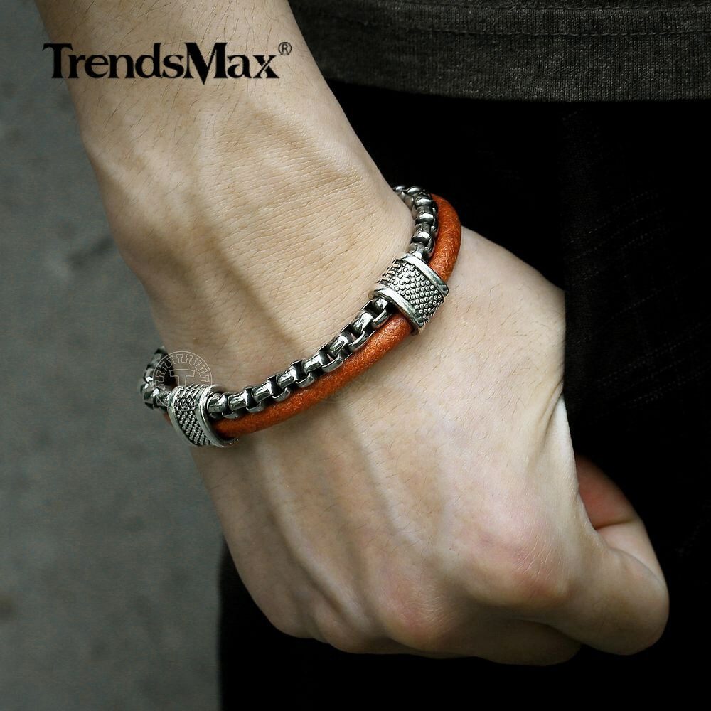 Sport 8.26inch Leather Bracelet For Men Stainless Steel Box Chain Toggle Buckle