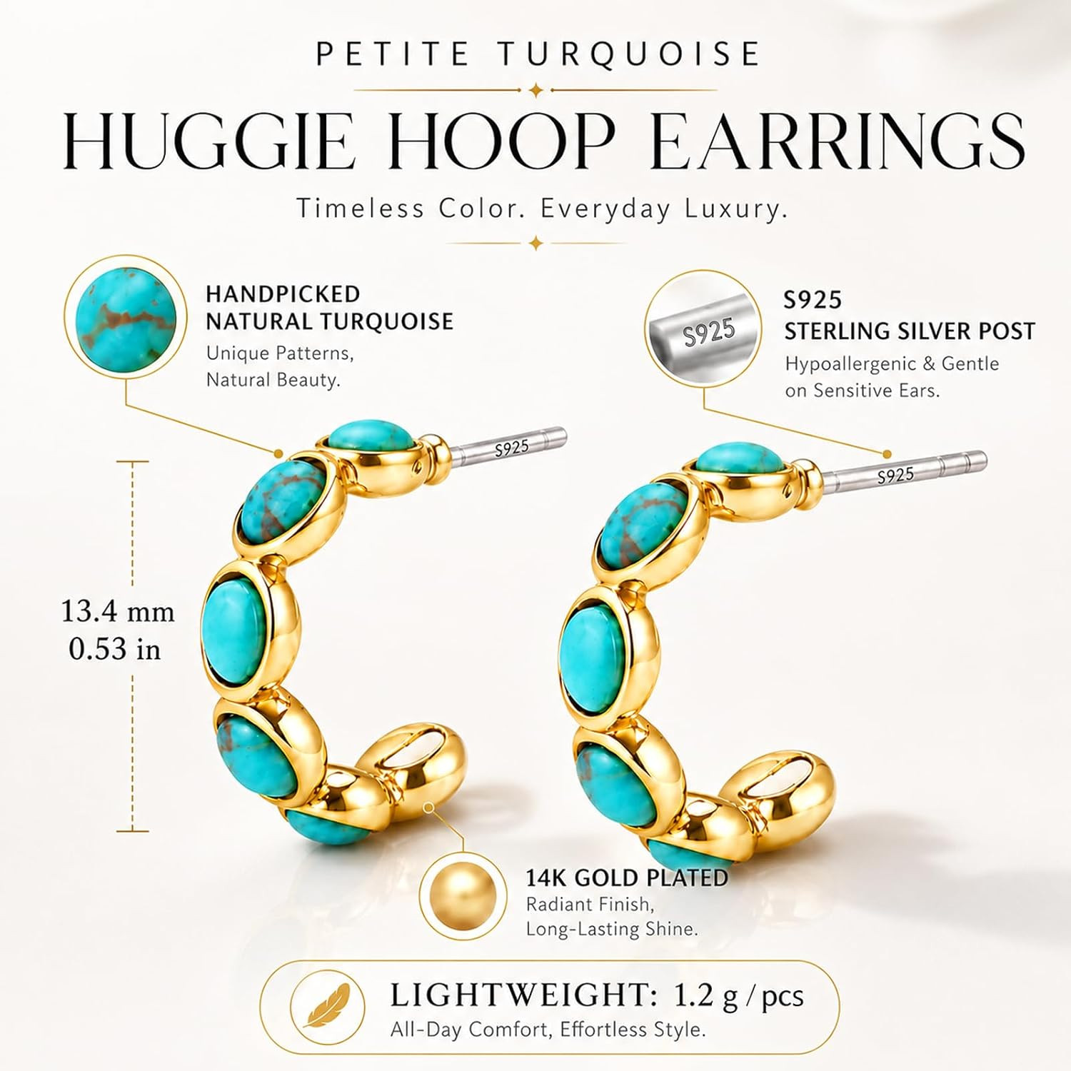 Genuine Turquoise Hoop Earrings with 925 Sterling Silver Post | Natural Western