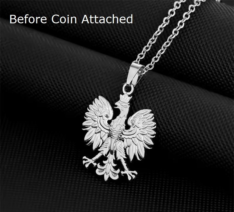 POLAND COAT OF ARMS Necklace – 1 1/2″ Silverplate Steel – Vintage Brass Groszy